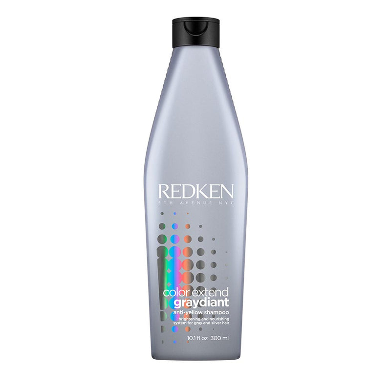 Le shampoing Graydiant Redken neutralise les reflets jaunes sur les cheveux gris ou blancs. 300 ml.